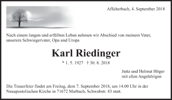 Traueranzeige von Karl Riedinger von Marbacher Zeitung