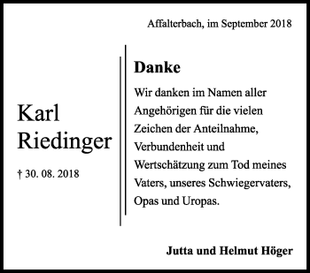 Traueranzeige von Karl Riedinger von Marbacher Zeitung