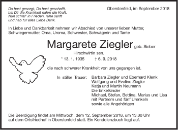 Traueranzeige von Margarete Ziegler von Marbacher Zeitung