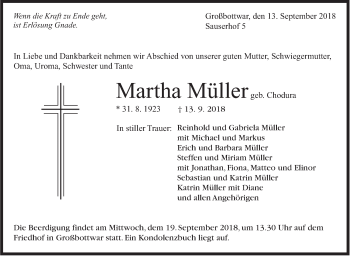 Traueranzeige von Martha Müller von Marbacher Zeitung
