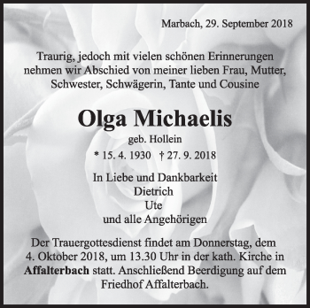 Traueranzeige von Olga Michaelis von Marbacher Zeitung
