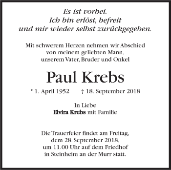 Traueranzeige von Paul Krebs von Marbacher Zeitung