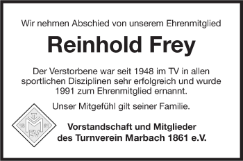 Traueranzeige von Reinhold Frey von Marbacher Zeitung