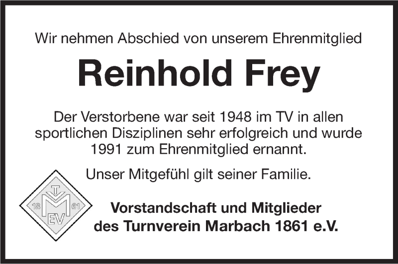  Traueranzeige für Reinhold Frey vom 27.09.2018 aus Marbacher Zeitung