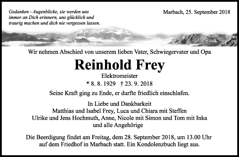  Traueranzeige für Reinhold Frey vom 25.09.2018 aus Marbacher Zeitung
