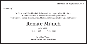 Traueranzeige von Renate Münch von Marbacher Zeitung