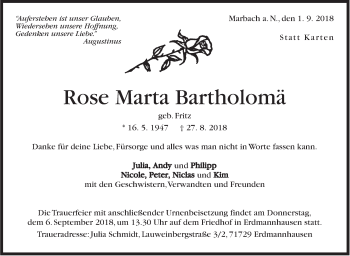 Traueranzeige von Rose Martha Bartholomä von Marbacher Zeitung