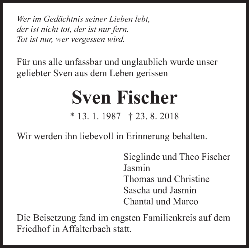  Traueranzeige für Sven Fischer vom 13.09.2018 aus Marbacher Zeitung