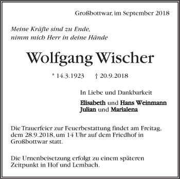 Traueranzeige von Wolfgang Wischer von Marbacher Zeitung