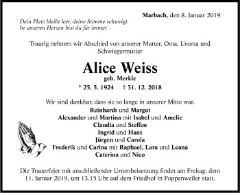 Traueranzeige von Alice Weiss von Marbacher Zeitung