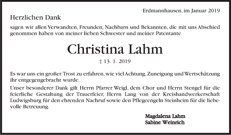  Traueranzeige für Christina Lahm vom 25.01.2019 aus Marbacher Zeitung