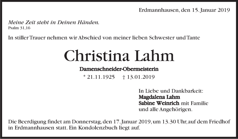 Traueranzeige für Christina Lahm vom 15.01.2019 aus Marbacher Zeitung