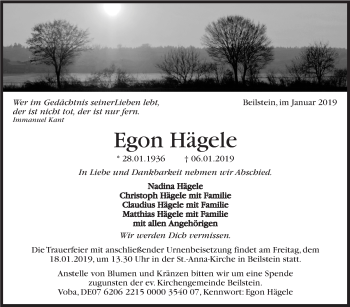 Traueranzeige von Egon Hägele von Marbacher Zeitung