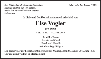 Traueranzeige von Else Vogler von Marbacher Zeitung