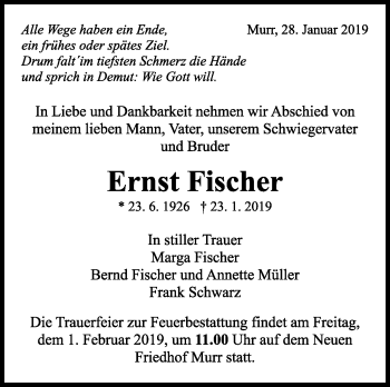 Traueranzeige von Ernst Fischer von Marbacher Zeitung