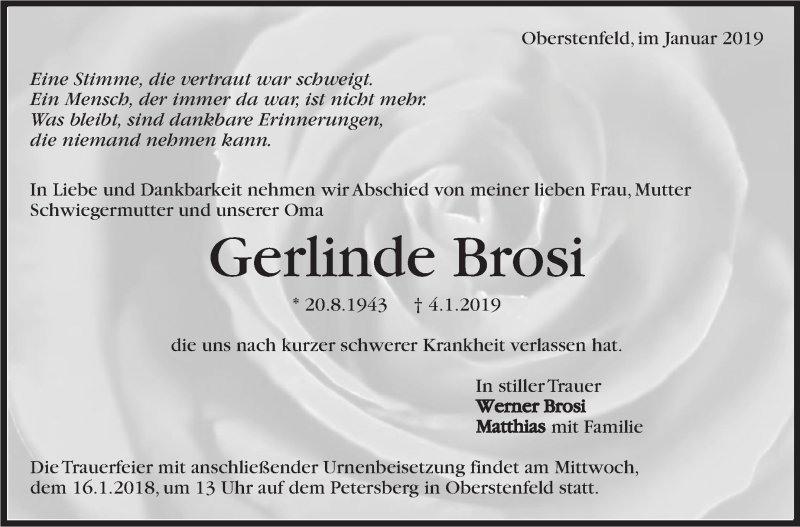  Traueranzeige für Gerlinde Brosi vom 11.01.2019 aus Marbacher Zeitung