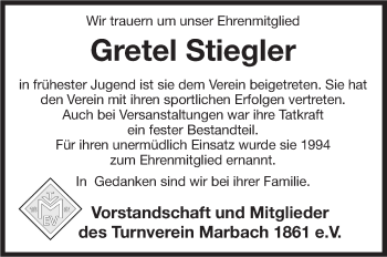 Traueranzeige von Gretel Stiegler von Marbacher Zeitung