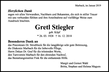 Traueranzeige von Gretl Stiegler von Marbacher Zeitung