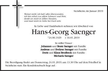 Traueranzeige von Hans-Georg Saenger von Marbacher Zeitung