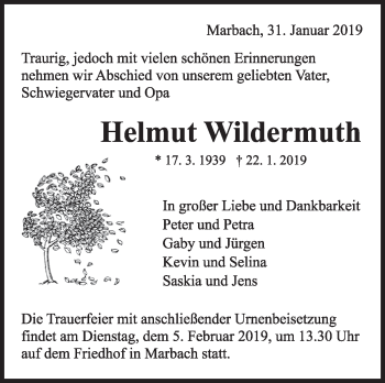 Traueranzeige von Helmut Wildermuth von Marbacher Zeitung