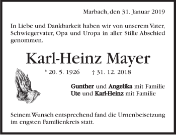 Traueranzeige von Karl-Heinz Mayer von Marbacher Zeitung
