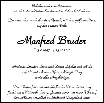 Traueranzeige von Manfred Bruder von Marbacher Zeitung