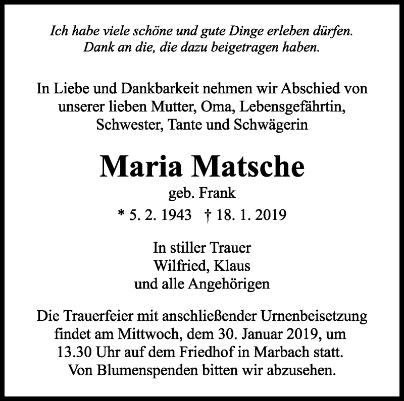 Traueranzeige für Maria Matsche vom 24.01.2019 aus Marbacher Zeitung