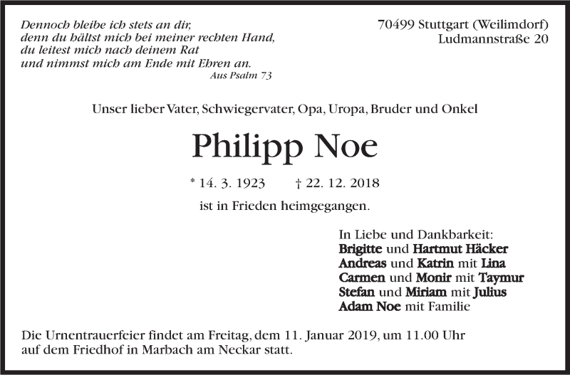  Traueranzeige für Philipp Noe vom 05.01.2019 aus Marbacher Zeitung