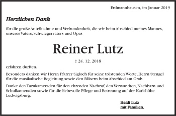 Traueranzeige von Reiner Lutz von Marbacher Zeitung