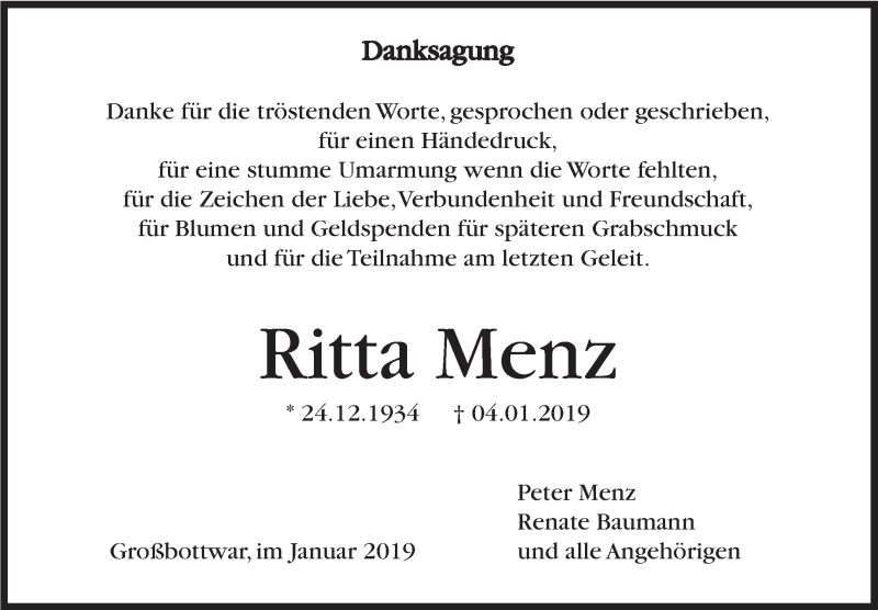  Traueranzeige für Ritta Menz vom 17.01.2019 aus Marbacher Zeitung