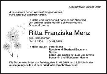 Traueranzeige von Ritta Franziska Menz von Marbacher Zeitung