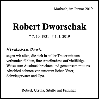 Traueranzeige von Robert Dworschak von Marbacher Zeitung
