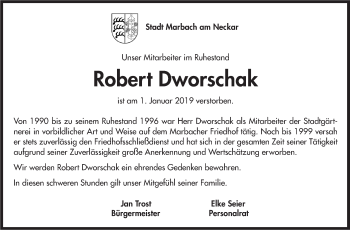 Traueranzeige von Robert Dworschak von Marbacher Zeitung