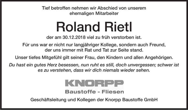  Traueranzeige für Roland Riet vom 04.01.2019 aus Marbacher Zeitung