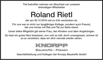 Traueranzeige von Roland Riet von Marbacher Zeitung