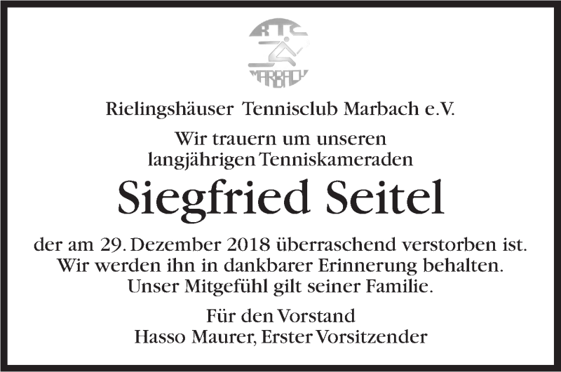  Traueranzeige für Siegfried Seitel vom 04.01.2019 aus Marbacher Zeitung