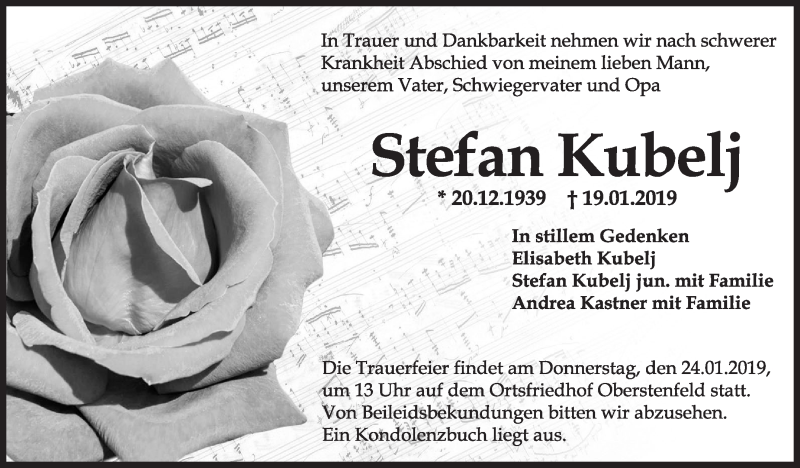  Traueranzeige für Stefan Kubelj vom 22.01.2019 aus Marbacher Zeitung