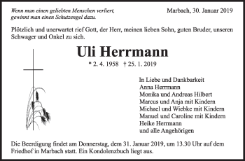 Traueranzeige von Uli Herrmann von Marbacher Zeitung