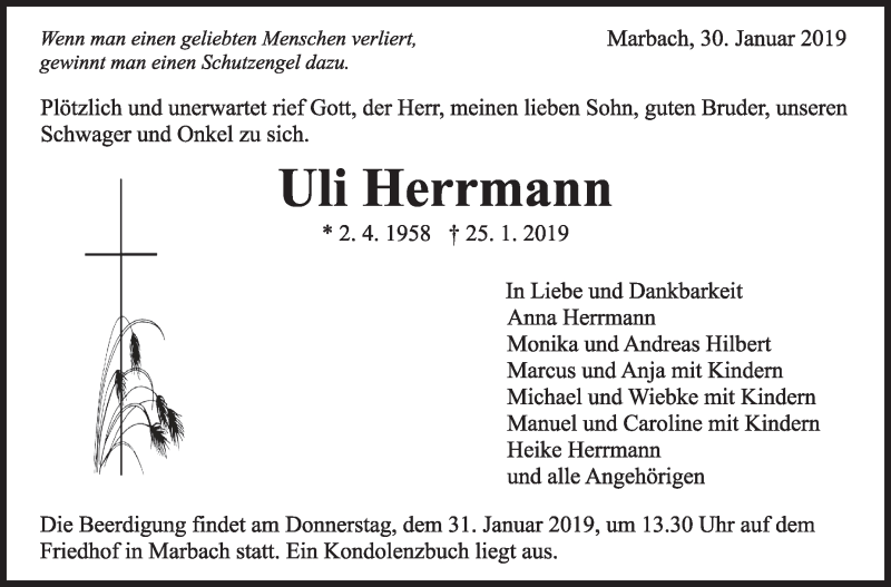  Traueranzeige für Uli Herrmann vom 30.01.2019 aus Marbacher Zeitung
