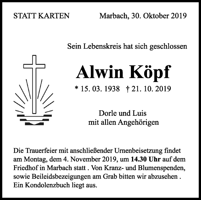  Traueranzeige für Alwin Köpf vom 30.10.2019 aus Marbacher Zeitung
