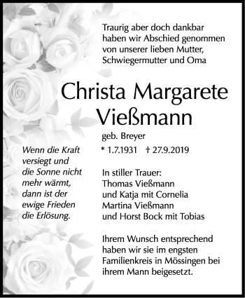 Traueranzeige von Christa Margarete Vießmann von Marbacher Zeitung