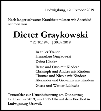 Traueranzeige von Dieter Graykowski von Marbacher Zeitung