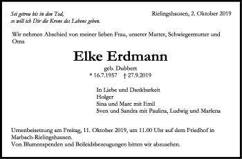 Traueranzeige von Elke Erdmann von Marbacher Zeitung