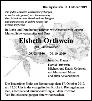 Traueranzeige von Elsbeth Orthwein von Marbacher Zeitung