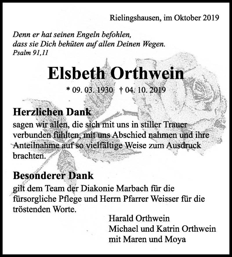  Traueranzeige für Elsbeth Orthwein vom 25.10.2019 aus Marbacher Zeitung