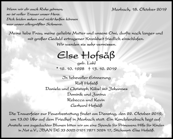 Traueranzeige von Else Hofsäß von Marbacher Zeitung