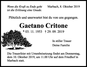 Traueranzeige von Gaetano Critone von Marbacher Zeitung