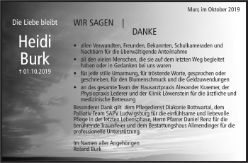 Traueranzeige von Heidi Burk von Marbacher Zeitung