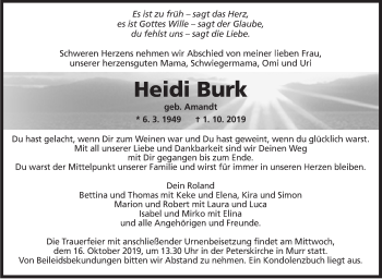 Traueranzeige von Heidi Burk von Marbacher Zeitung