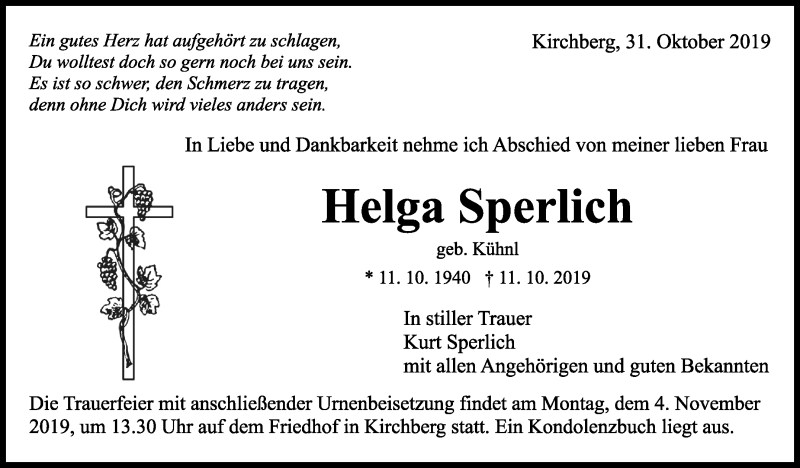  Traueranzeige für Helga Sperlich vom 31.10.2019 aus Marbacher Zeitung